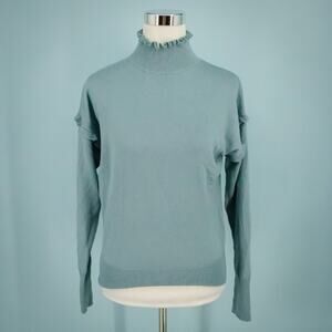 Rebecca Taylor Size XS Blue Mock Ruffle Neck Long Sleeve Merino Wool Sweater